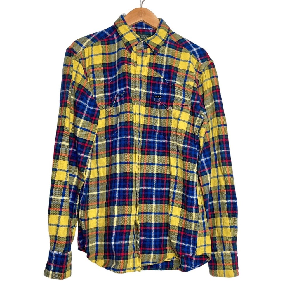 Ralph Lauren Polo Country Plaid Flannel Yellow Blue Shirt Mens Snaps Size Medium
